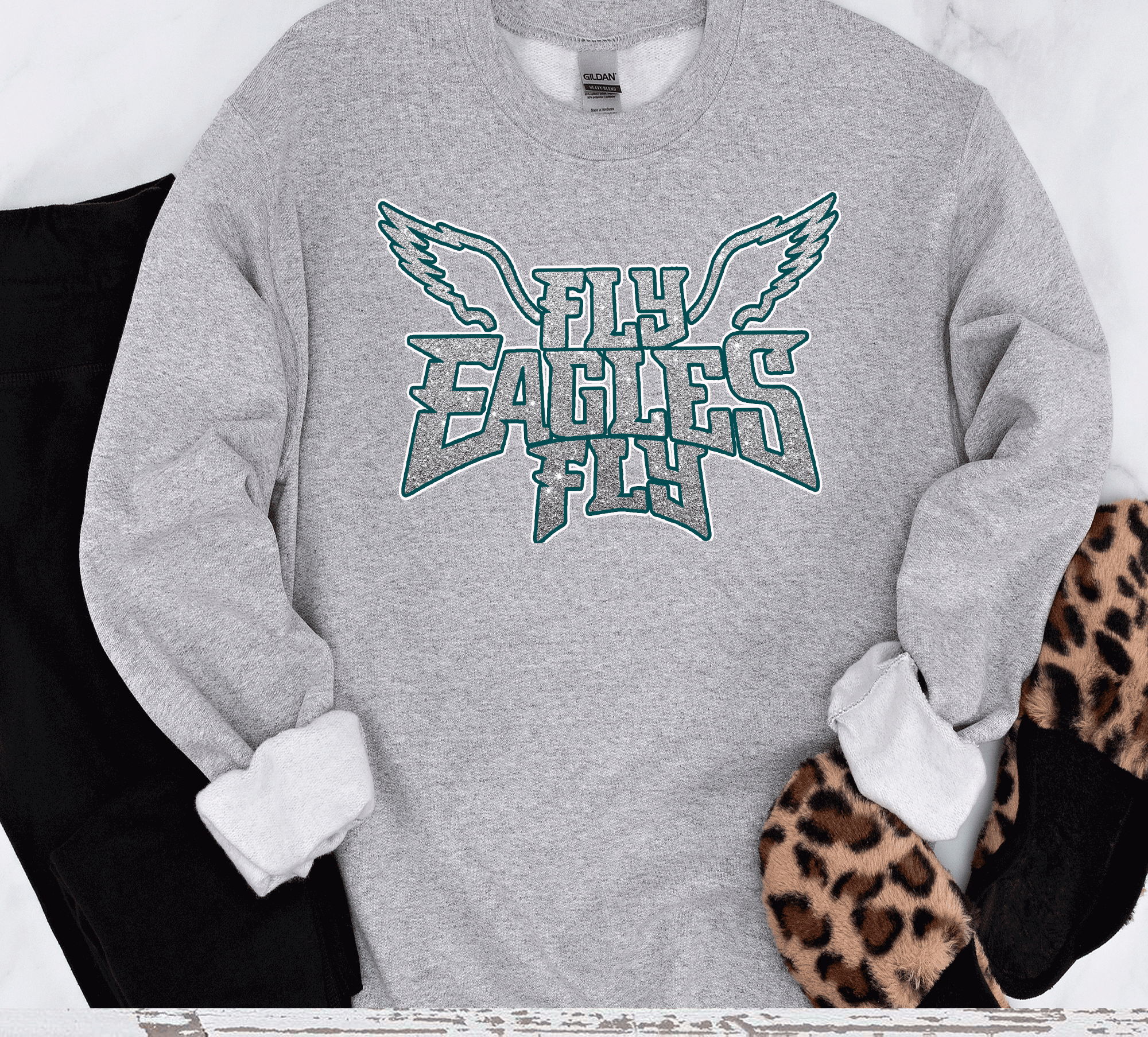 A Blessed Texas Mess Boutique EAGLES Fly Birds Fly Faux Glitter Bling Philadelphia Football Sweatshirt,… — construction detail