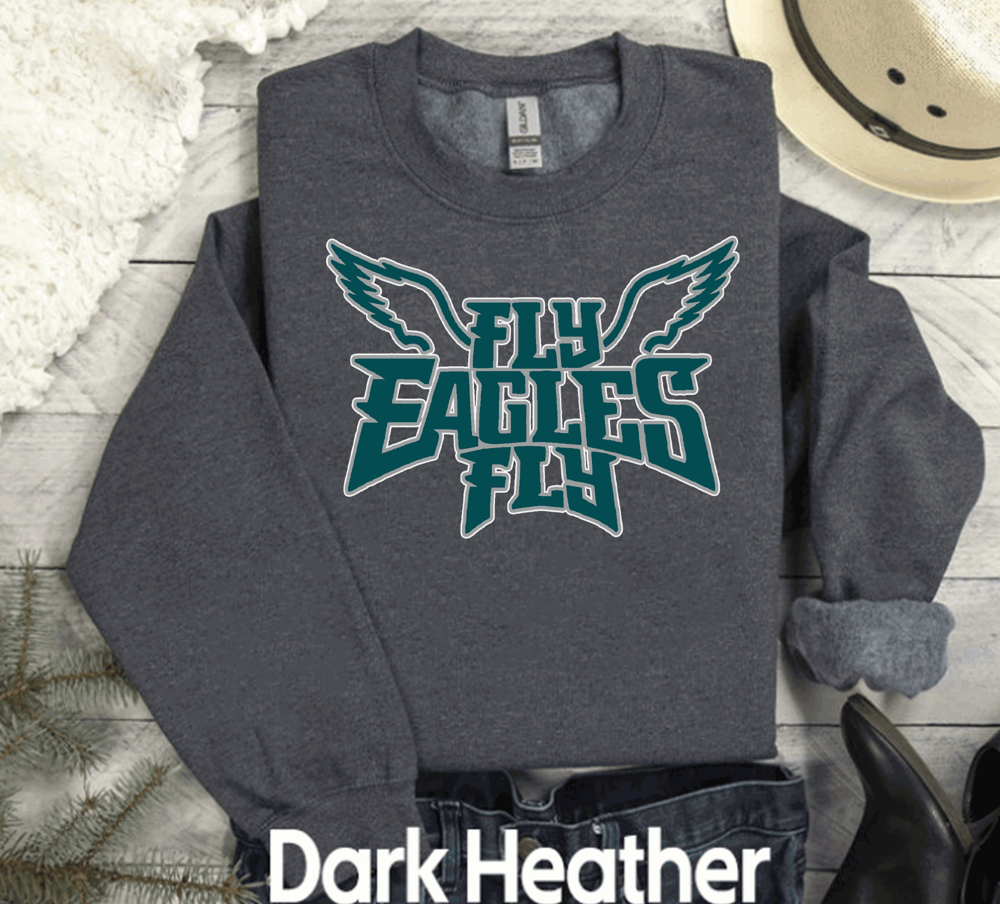 A Blessed Texas Mess Boutique EAGLES Fly Birds Fly Bling Philadelphia Football Sweatshirt, Philly T-shirt,… — construction detail