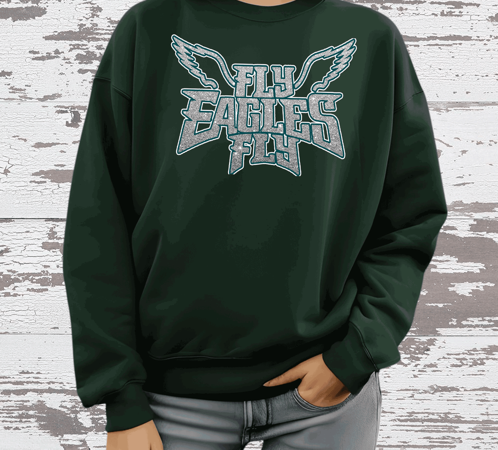 A Blessed Texas Mess Boutique EAGLES Fly Birds Fly Faux Glitter Bling Philadelphia Football Sweatshirt,… — main product shot