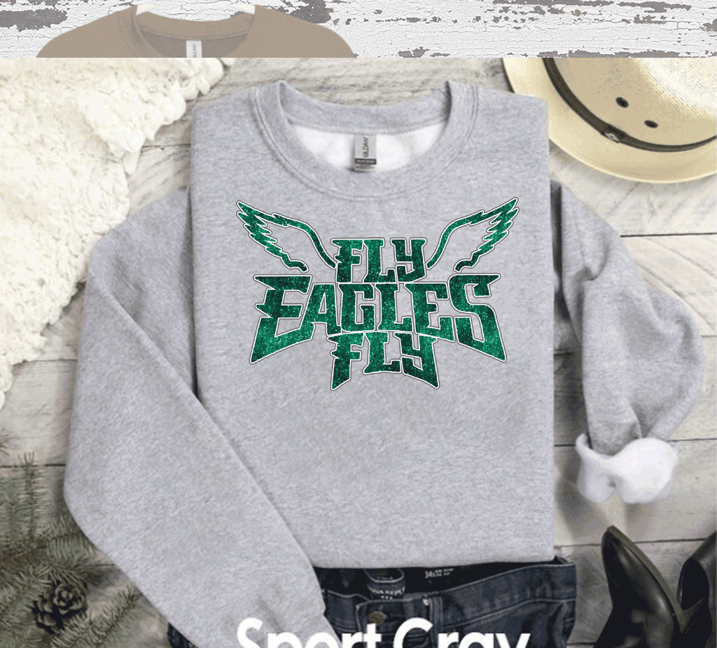 A Blessed Texas Mess Boutique EAGLES Fly Birds Fly Faux Glitter Bling Philadelphia Football Sweatshirt,… — main product shot