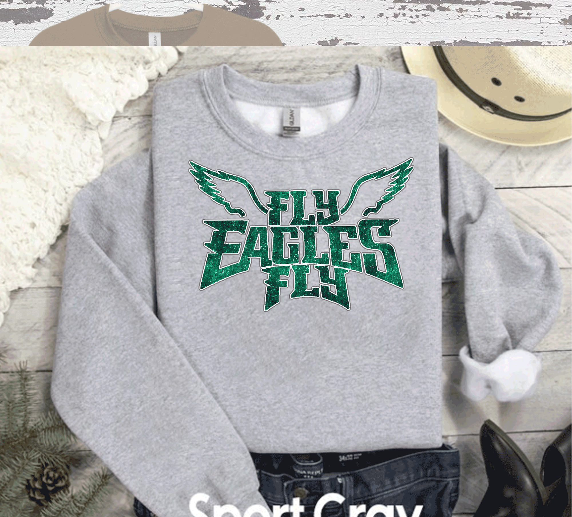 A Blessed Texas Mess Boutique EAGLES Fly Birds Fly Faux Glitter Bling Philadelphia Football Sweatshirt,… — main product shot