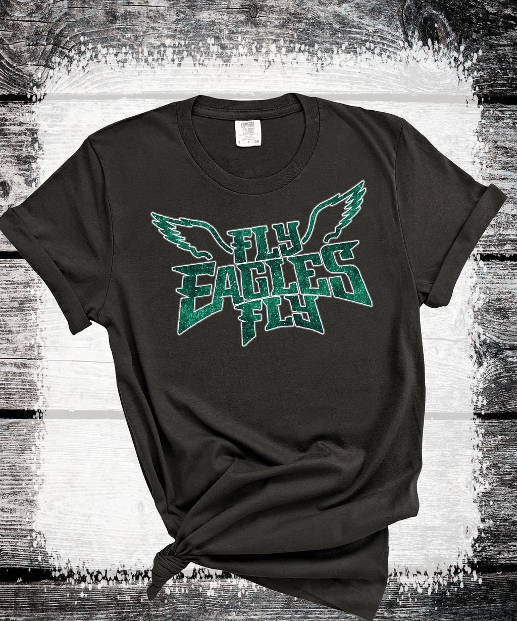 A Blessed Texas Mess Boutique EAGLES Fly Birds Fly Faux Glitter Bling Philadelphia Football Sweatshirt,… — A Blessed Texas Mess Boutique branding close-up