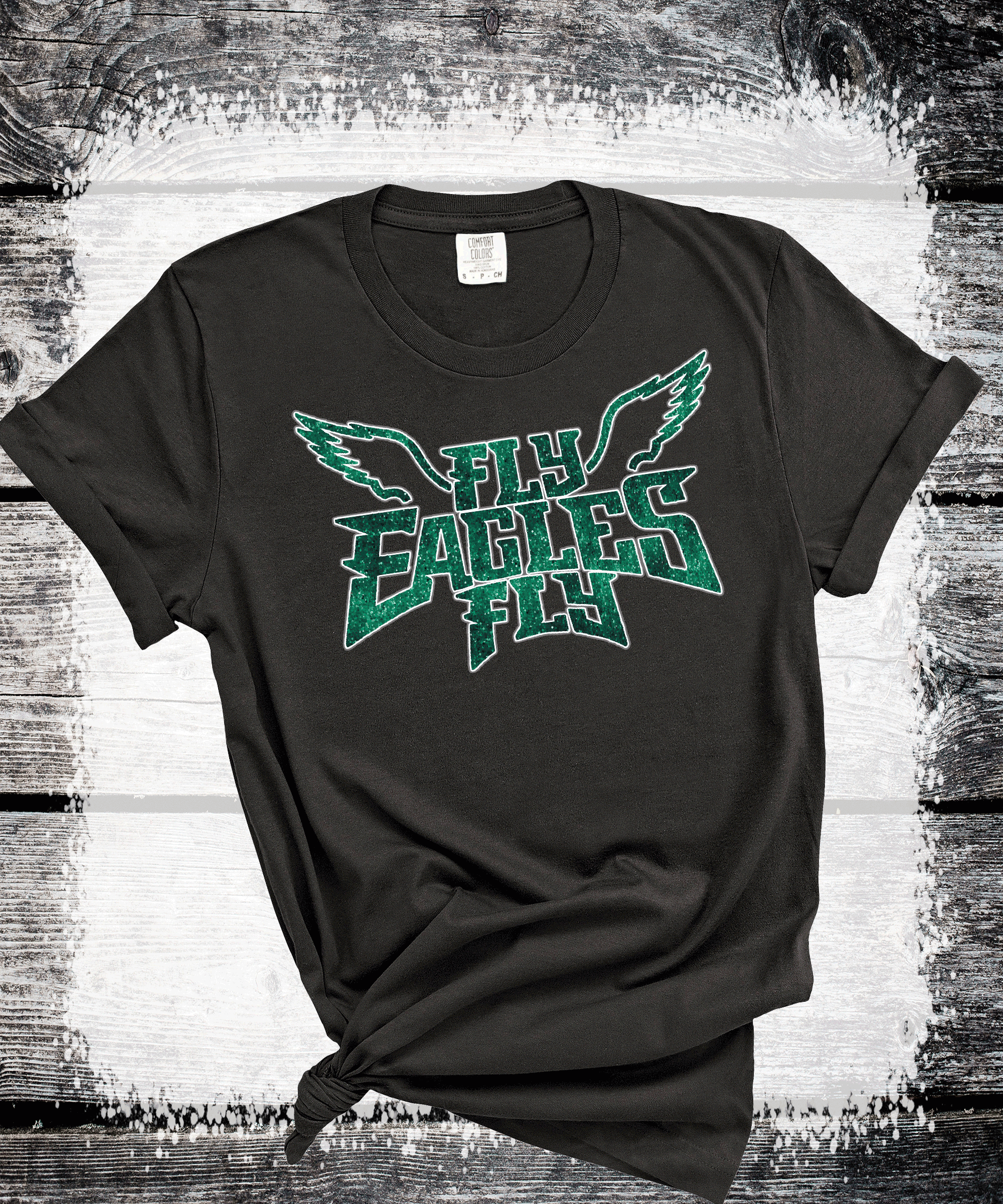 A Blessed Texas Mess Boutique EAGLES Fly Birds Fly Faux Glitter Bling Philadelphia Football Sweatshirt,… — A Blessed Texas Mess Boutique branding close-up