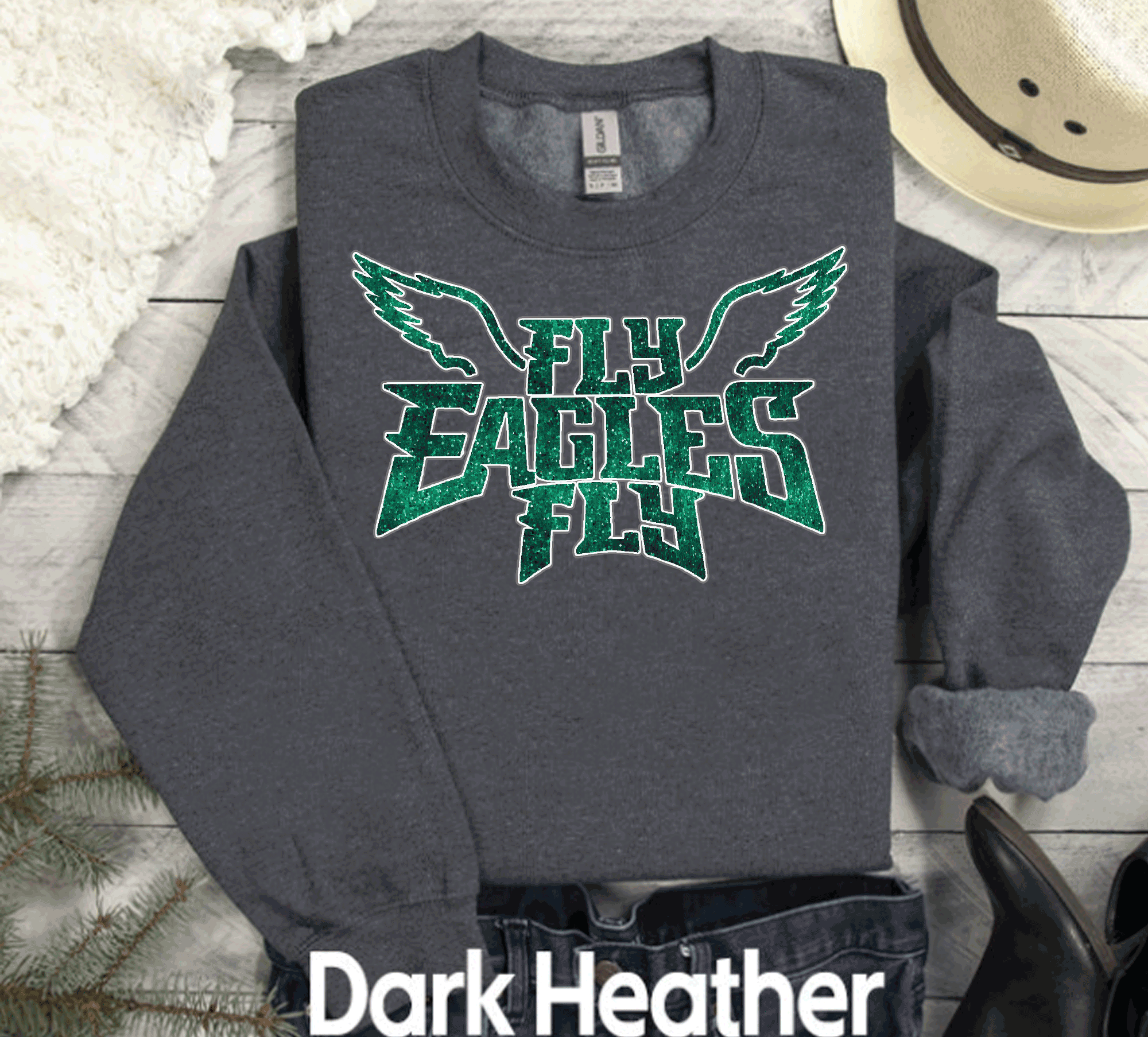 A Blessed Texas Mess Boutique EAGLES Fly Birds Fly Faux Glitter Bling Philadelphia Football Sweatshirt,… — dtf / graphic shirts category context
