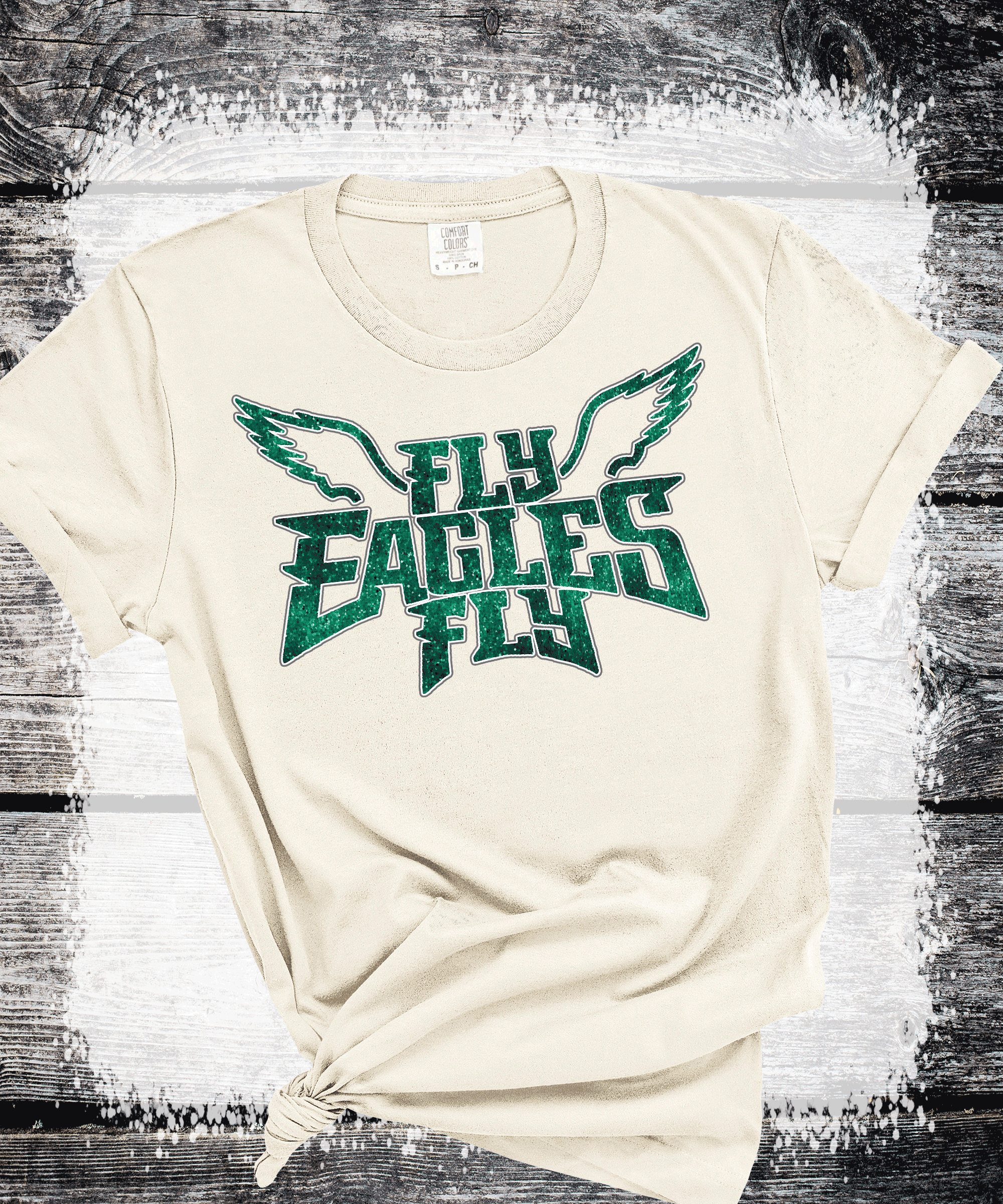 A Blessed Texas Mess Boutique EAGLES Fly Birds Fly Faux Glitter Bling Philadelphia Football Sweatshirt,… — lifestyle worn / used context