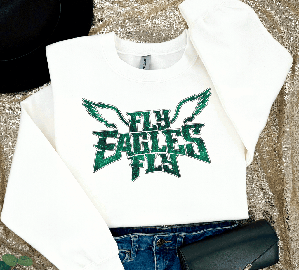 A Blessed Texas Mess Boutique EAGLES Fly Birds Fly Faux Glitter Bling Philadelphia Football Sweatshirt,… — construction detail