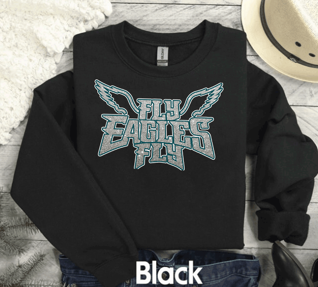 A Blessed Texas Mess Boutique EAGLES Fly Birds Fly Faux Glitter Bling Philadelphia Football Sweatshirt,… — A Blessed Texas Mess Boutique branding close-up