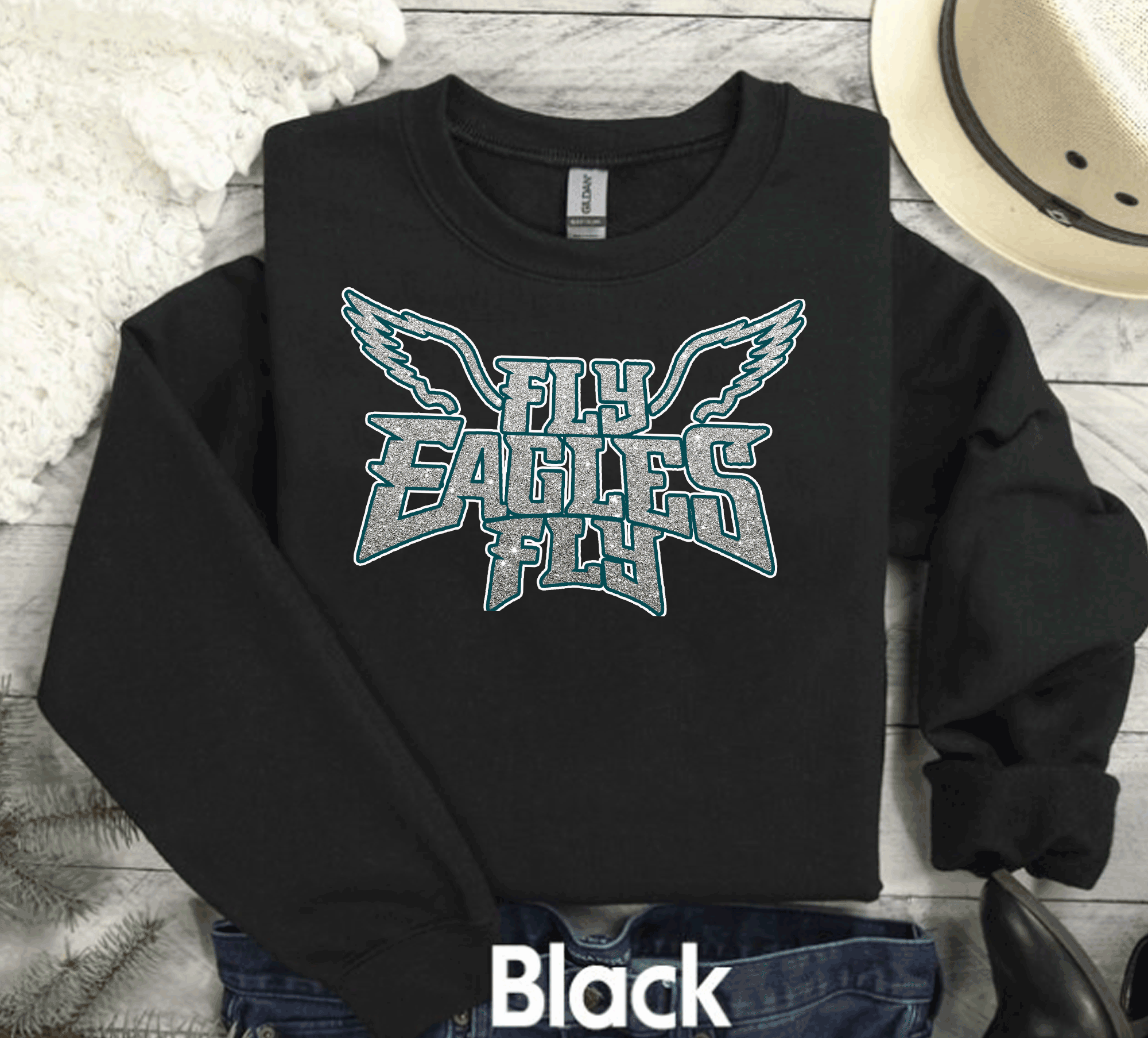 A Blessed Texas Mess Boutique EAGLES Fly Birds Fly Faux Glitter Bling Philadelphia Football Sweatshirt,… — A Blessed Texas Mess Boutique branding close-up