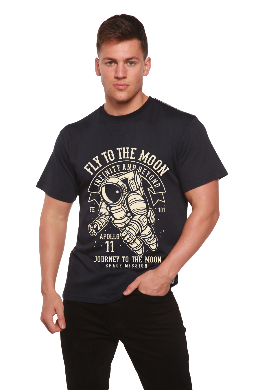 Spun Bamboo Fly To The Moon Men's Bamboo Viscose/Organic Cotton Short Sleeve Graphic T-Shirt — in-use photo