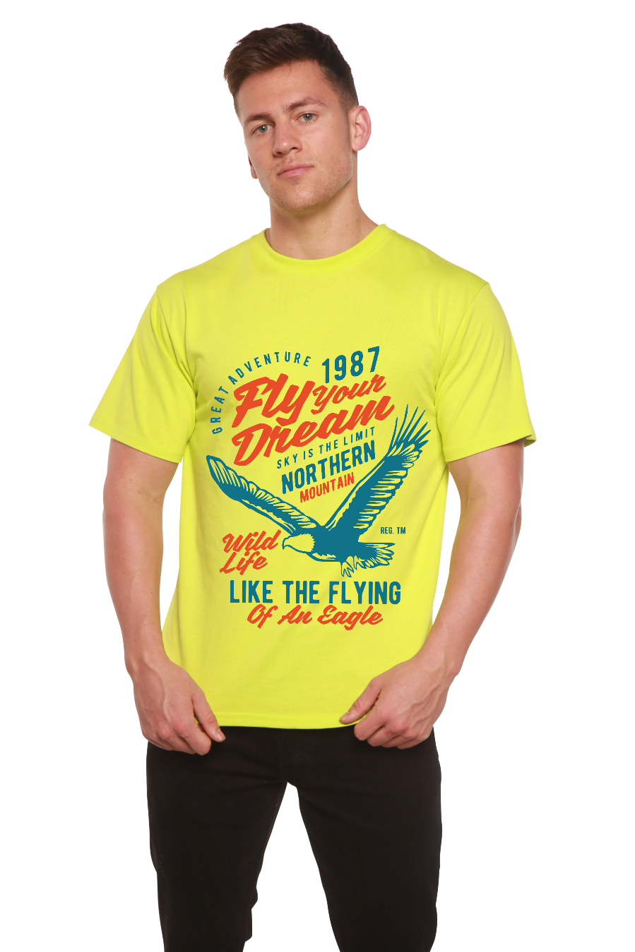 Spun Bamboo Fly Your Dream Men's Bamboo Viscose/Organic Cotton Short Sleeve Graphic T-Shirt — product on model