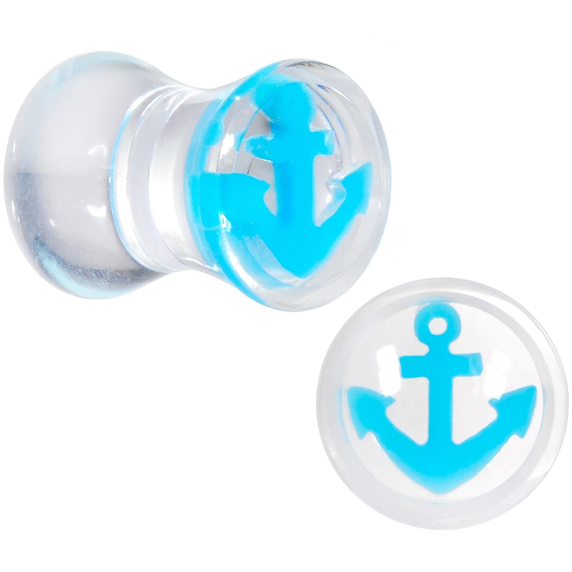 BodyCandy Clear Acrylic Double Flare Turquoise Blue Anchor Saddle Plug Set 6mm to 20mm — side view