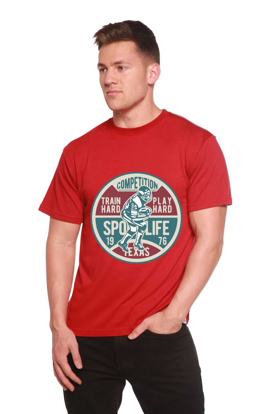Spun Bamboo Football Competition Men's Bamboo Viscose/Organic Cotton Short Sleeve Graphic T-Shirt — product on model