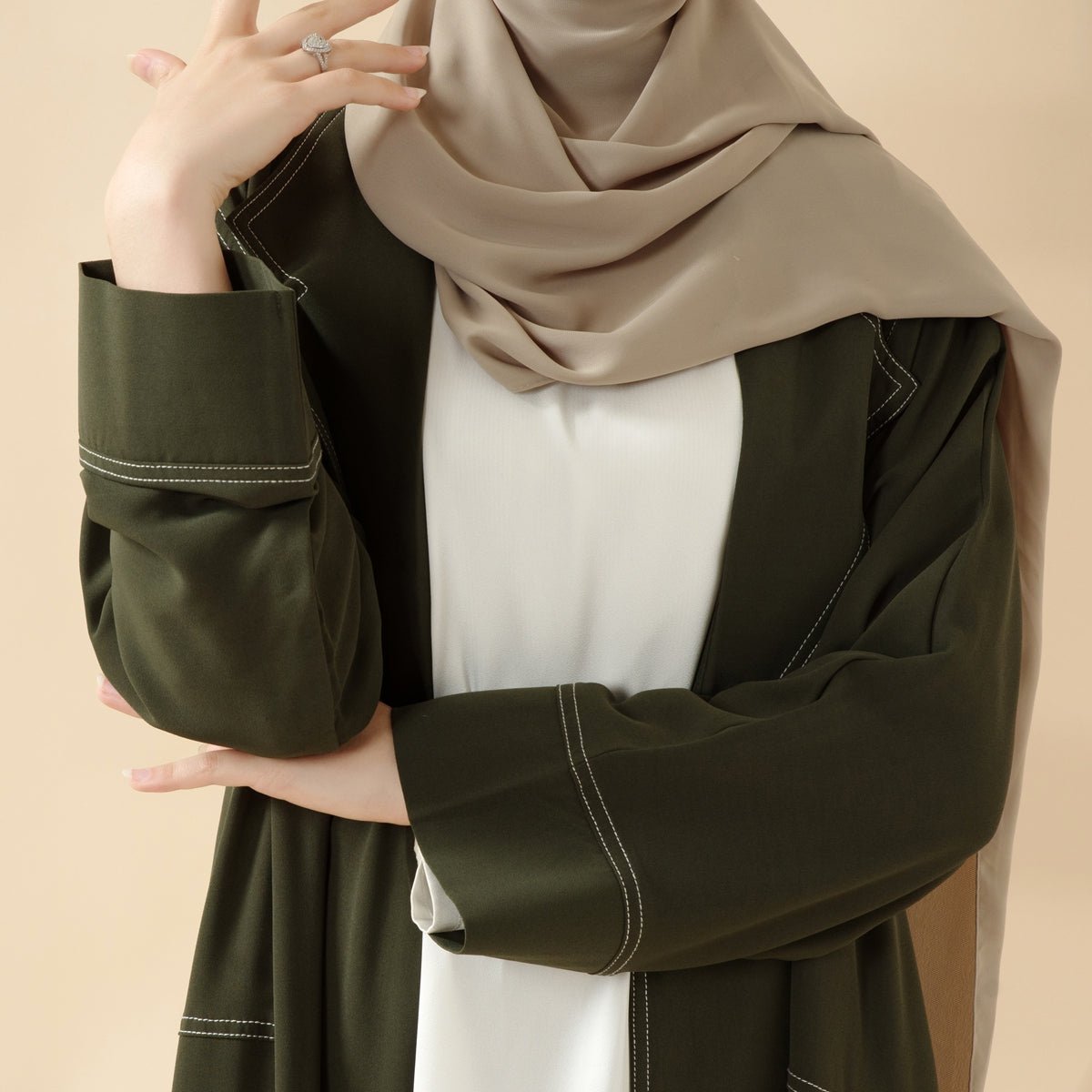Mariam's Collection Forest Green Contrast Stitching Double-Breasted Trench Coat Thin Open Abaya (MOA122) — product category context