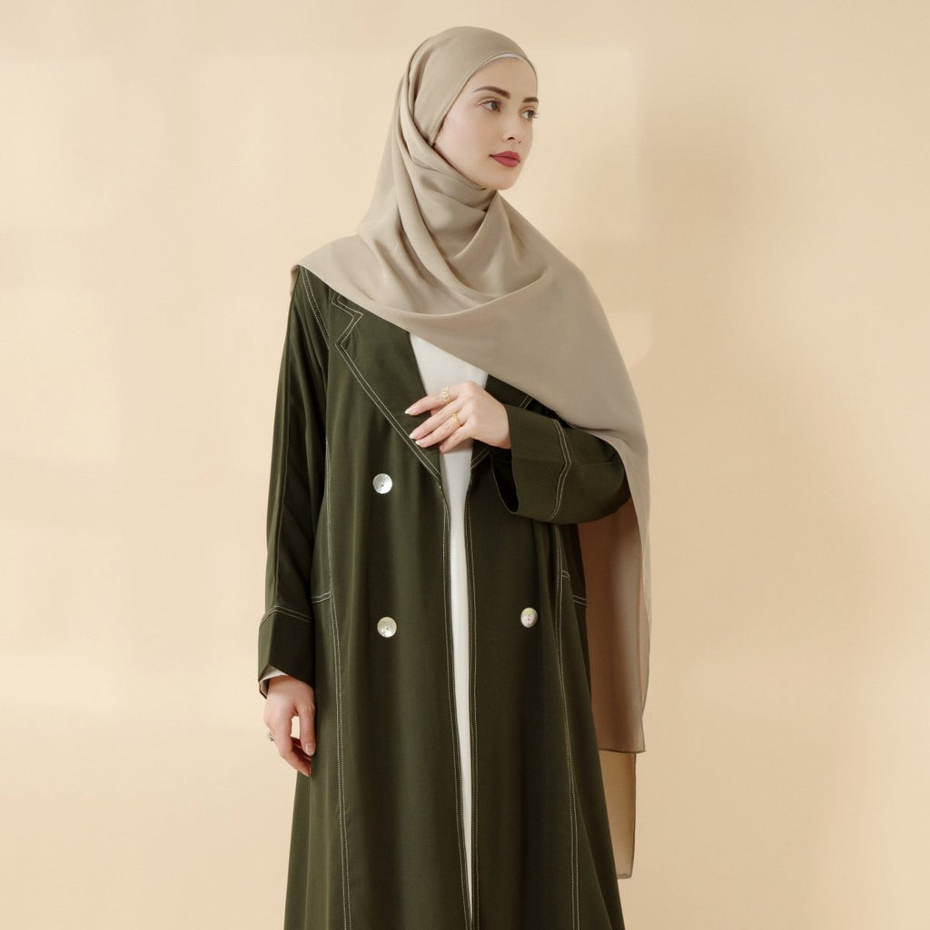 Mariam's Collection Forest Green Contrast Stitching Double-Breasted Trench Coat Thin Open Abaya (MOA122) — main product shot