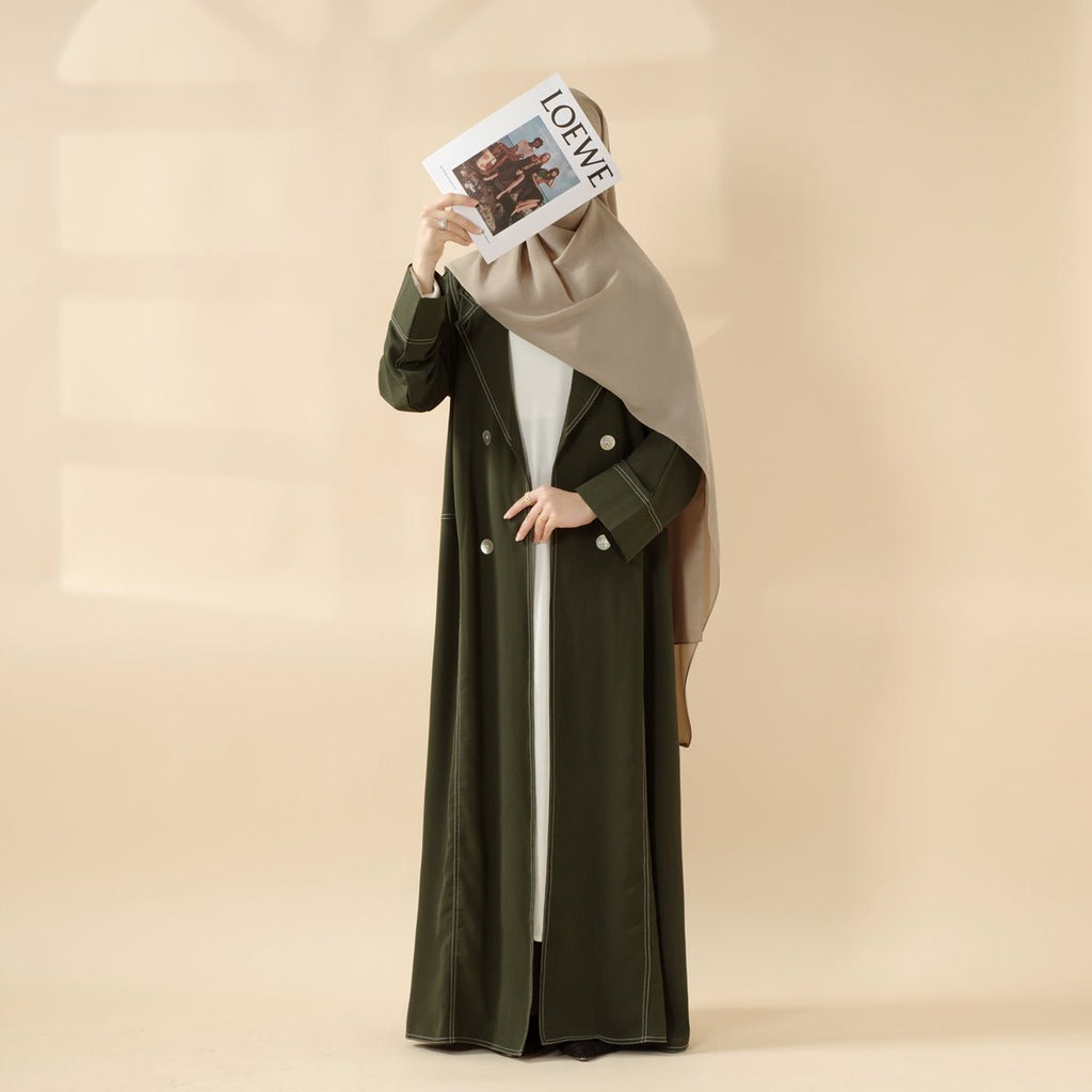 Mariam's Collection Forest Green Contrast Stitching Double-Breasted Trench Coat Thin Open Abaya (MOA122) — Green detail