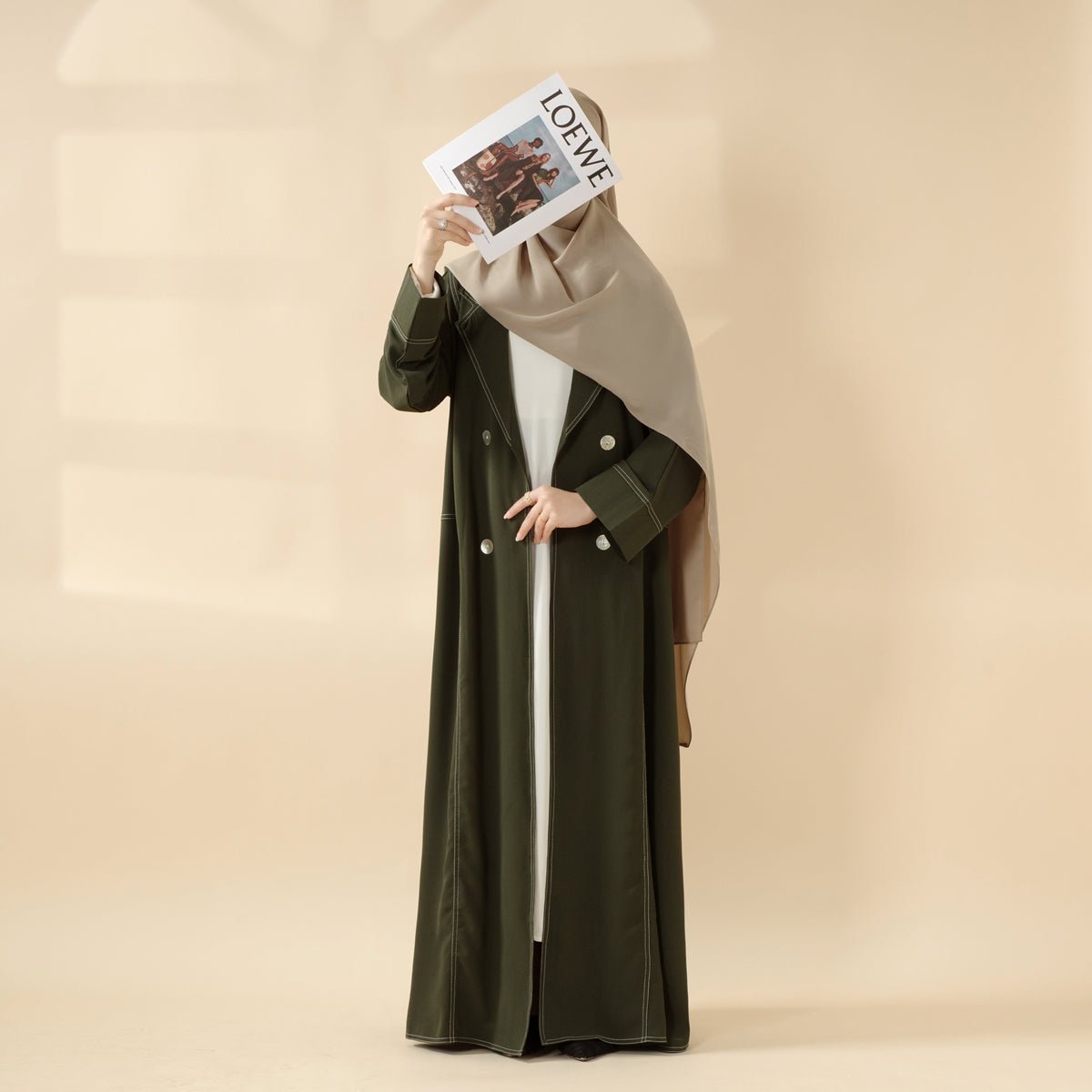 Mariam's Collection Forest Green Contrast Stitching Double-Breasted Trench Coat Thin Open Abaya (MOA122) — Green detail