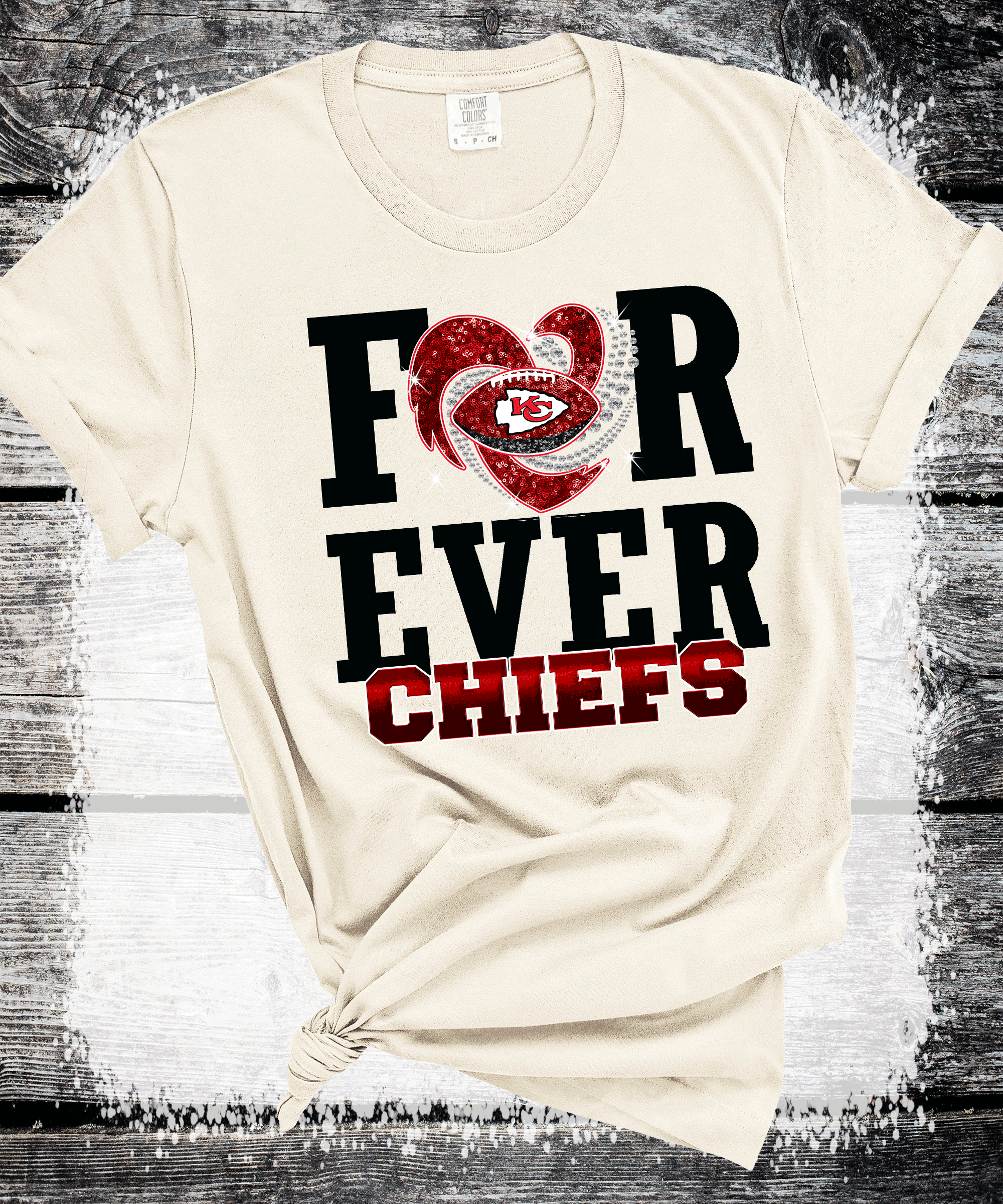 A Blessed Texas Mess Boutique SuperBowl Kansas City Football Faux Glitter Forever Chiefs T-Shirt, KC… — main product shot