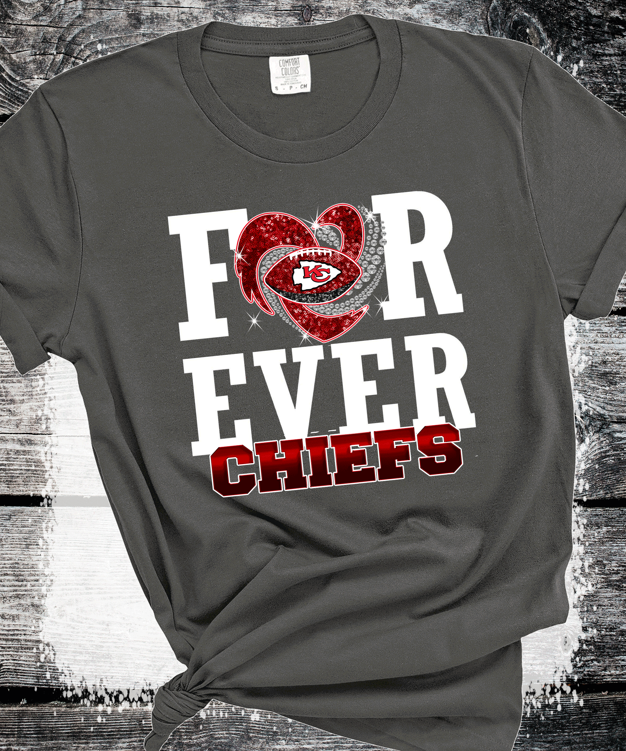 A Blessed Texas Mess Boutique SuperBowl Kansas City Football Faux Glitter Forever Chiefs T-Shirt, KC… — lifestyle worn / used context