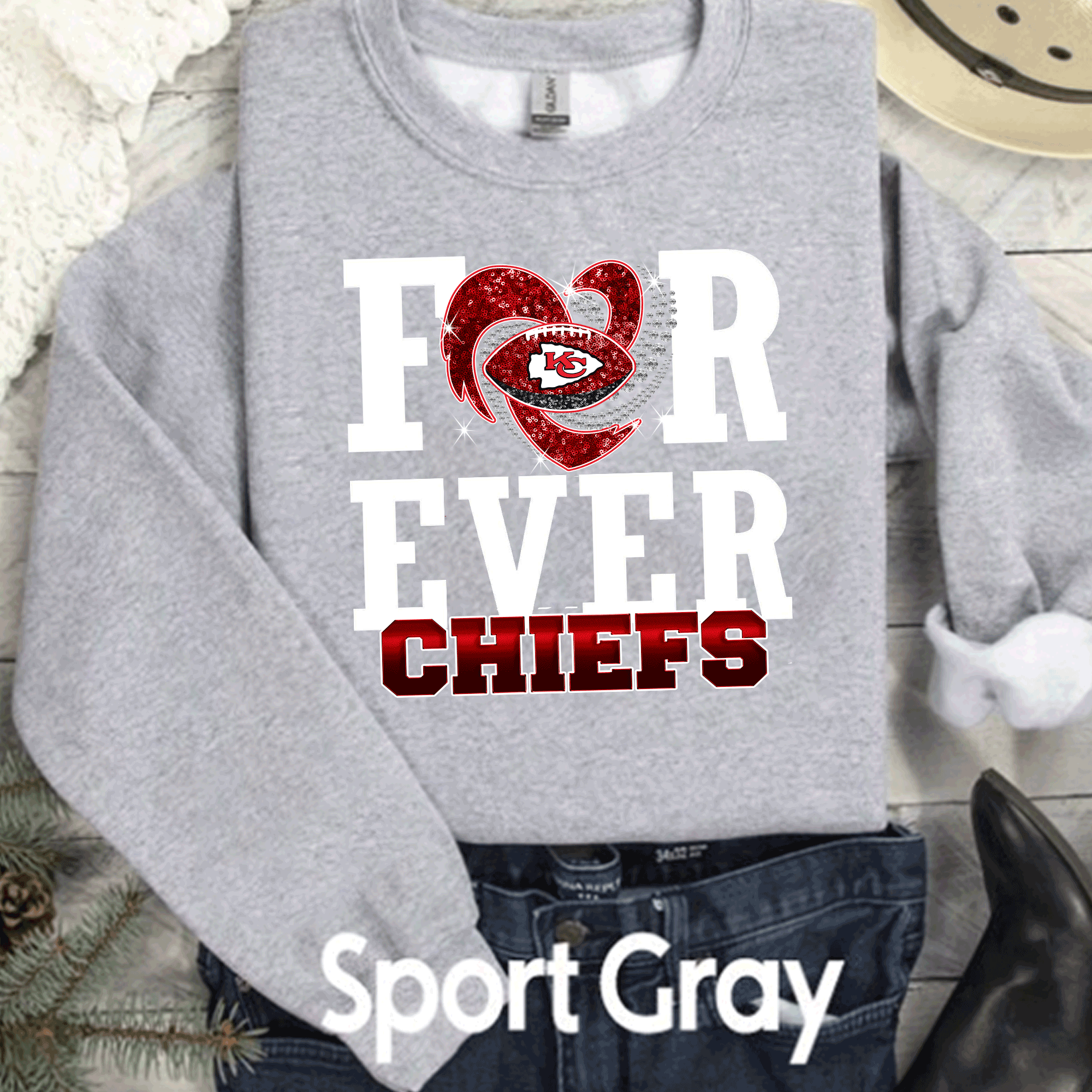 A Blessed Texas Mess Boutique SuperBowl Kansas City Football Faux Glitter Forever Chiefs T-Shirt, KC… — construction detail