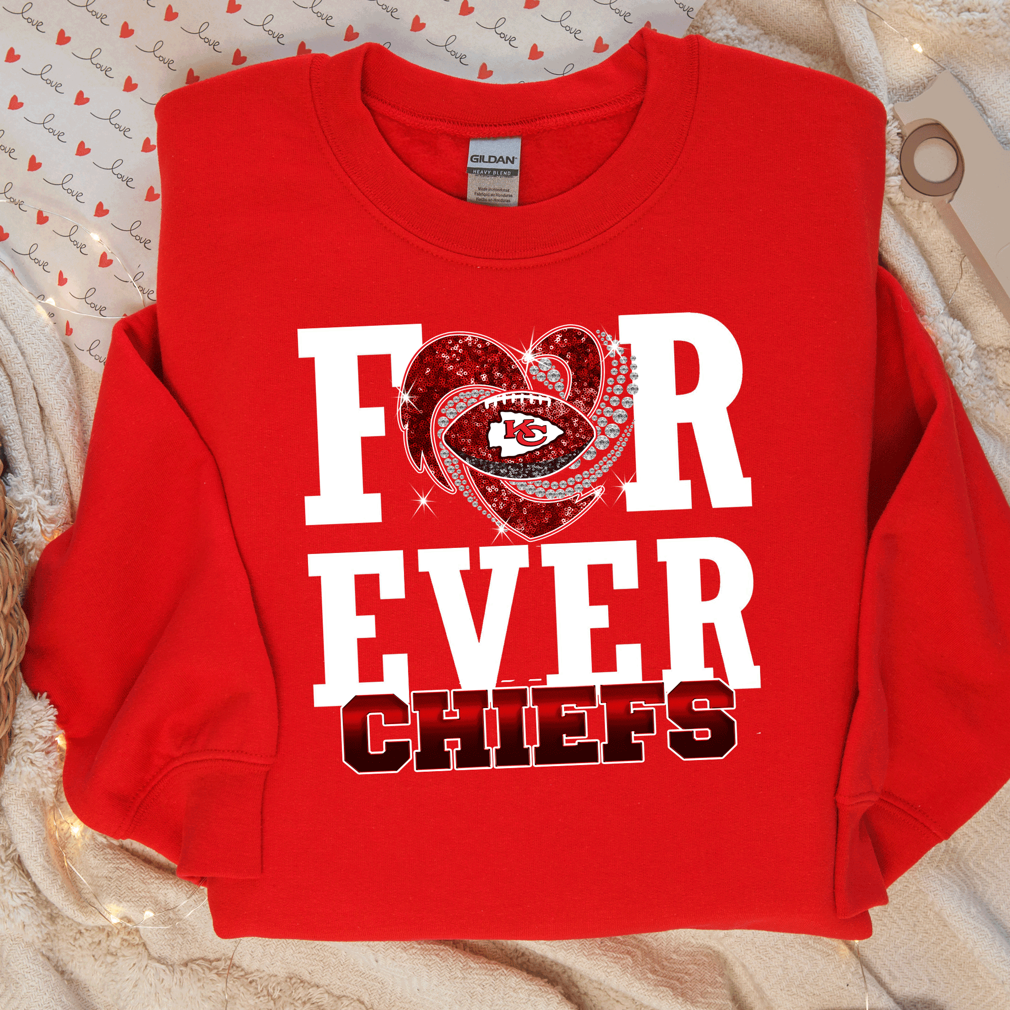 A Blessed Texas Mess Boutique SuperBowl Kansas City Football Faux Glitter Forever Chiefs T-Shirt, KC… — A Blessed Texas Mess Boutique branding close-up