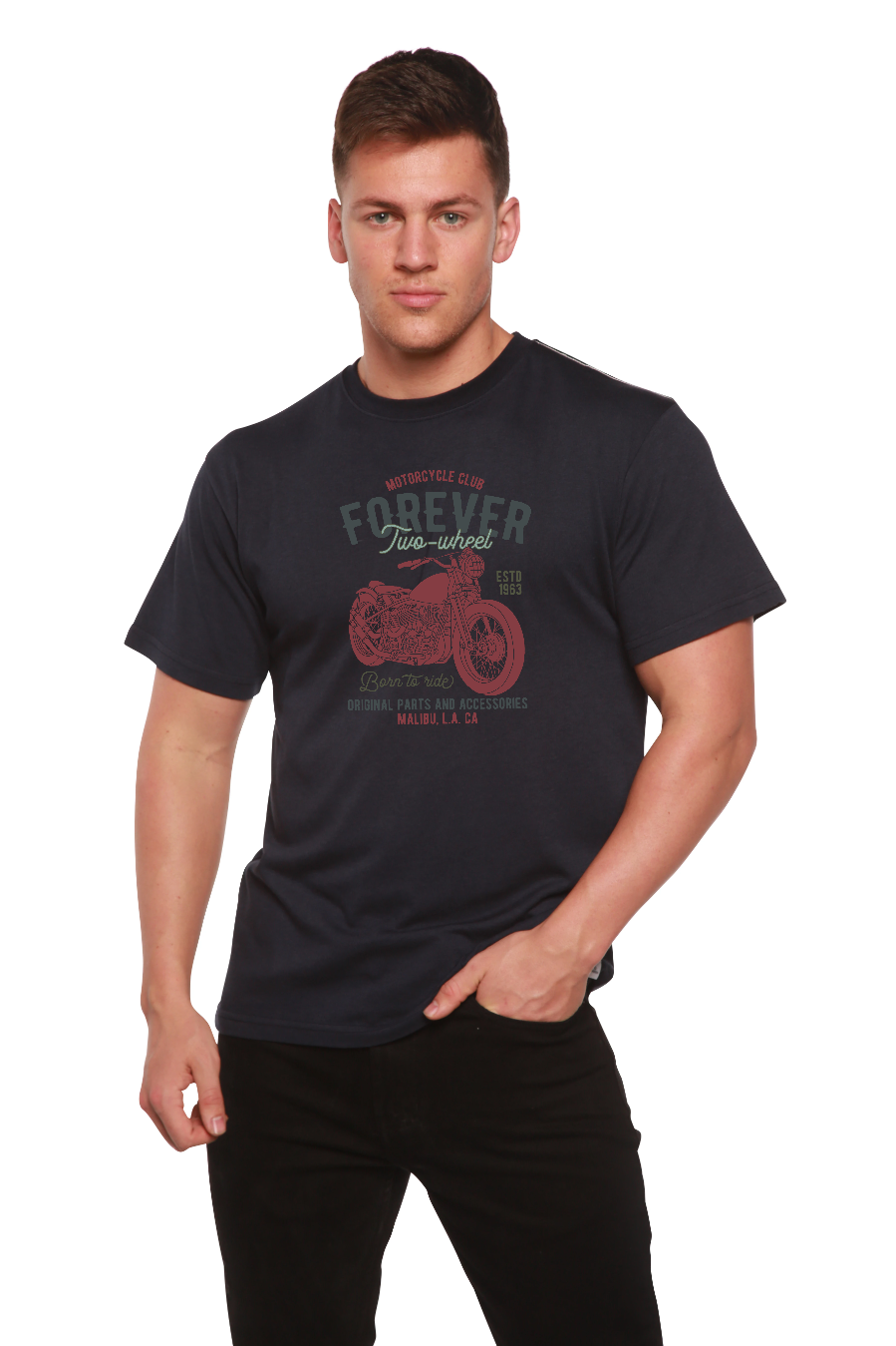 Spun Bamboo FOREVER TWO WHEEL Men's Bamboo Viscose/Organic Cotton Short Sleeve Graphic T-Shirt — packaging