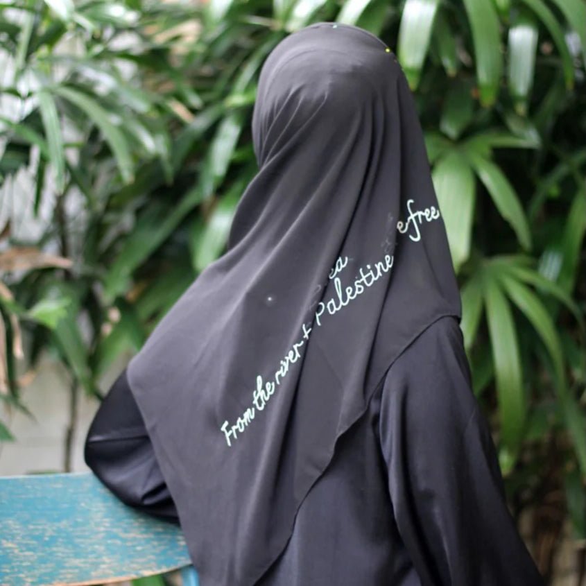 Mariam's Collection Free Palestine Chiffon Hijab – Cultural Statement Scarf with Arabic Letter… — detail shot 6