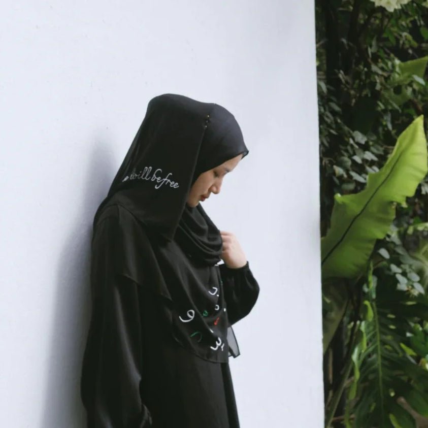 Mariam's Collection Free Palestine Chiffon Hijab – Cultural Statement Scarf with Arabic Letter… — detail shot 10