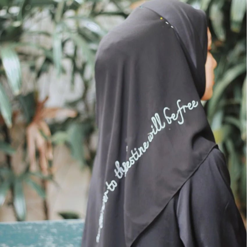 Mariam's Collection Free Palestine Chiffon Hijab – Cultural Statement Scarf with Arabic Letter… — construction detail