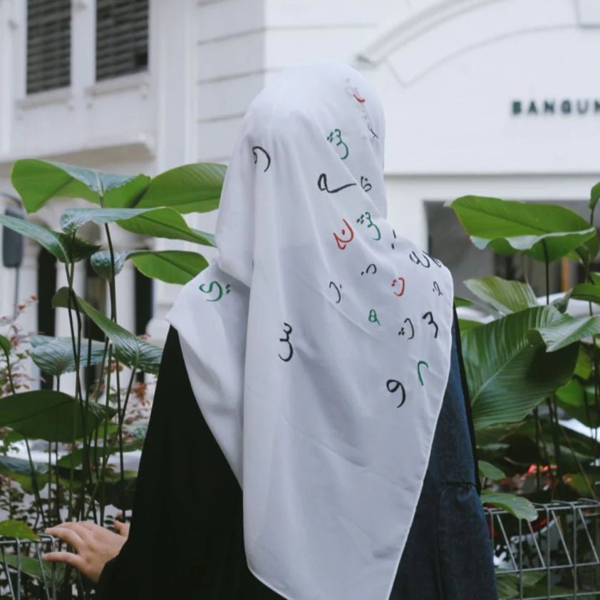 Mariam's Collection Free Palestine Chiffon Hijab – Cultural Statement Scarf with Arabic Letter… — Mariam's Collection branding close-up