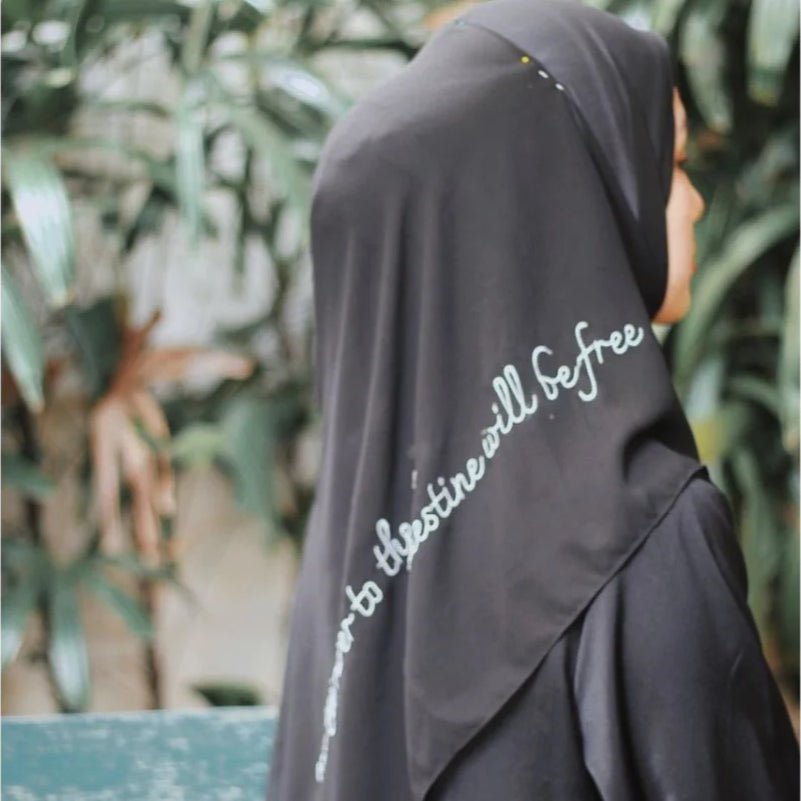 Mariam's Collection Free Palestine Chiffon Hijab – Cultural Statement Scarf with Arabic Letter… — product on model