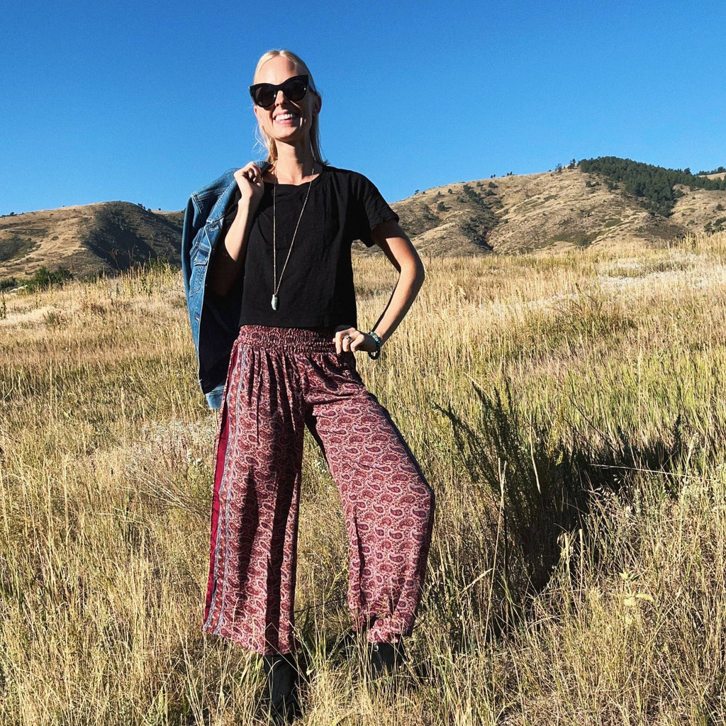 Darn Good Yarn Free Spirit Wide-Leg Palazzo Pants — Darn Good Yarn branding close-up