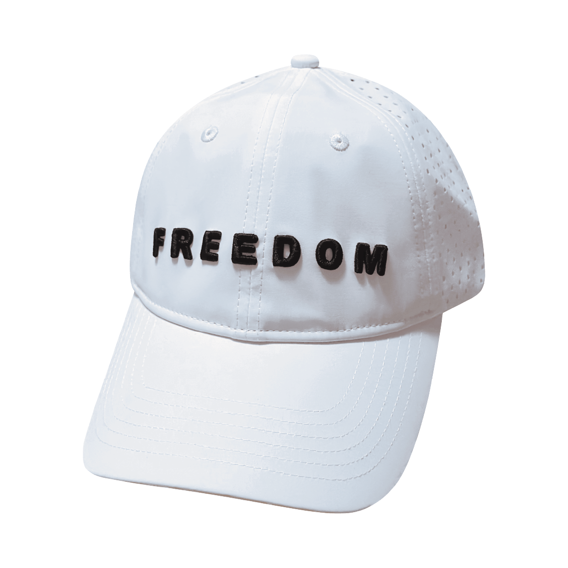 The Heartbeat Brand **PREORDER ONLY SHIPS END OF MAY** FREEDOM Hat - White - Dad Hat - Ponytail - Laser Mesh — The Heartbeat Brand branding close-up