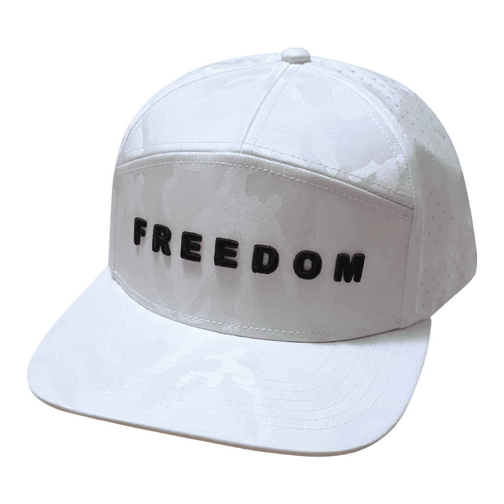 The Heartbeat Brand FREEDOM Hat - White Camo - Flat Bill - Laser Mesh — The Heartbeat Brand branding close-up