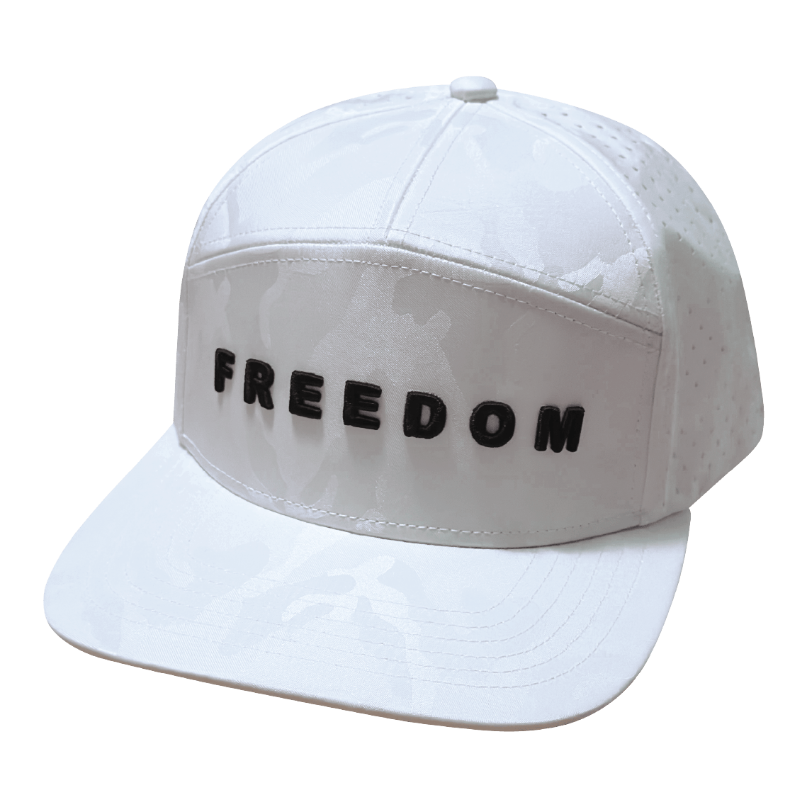 The Heartbeat Brand FREEDOM Hat - White Camo - Flat Bill - Laser Mesh — The Heartbeat Brand branding close-up