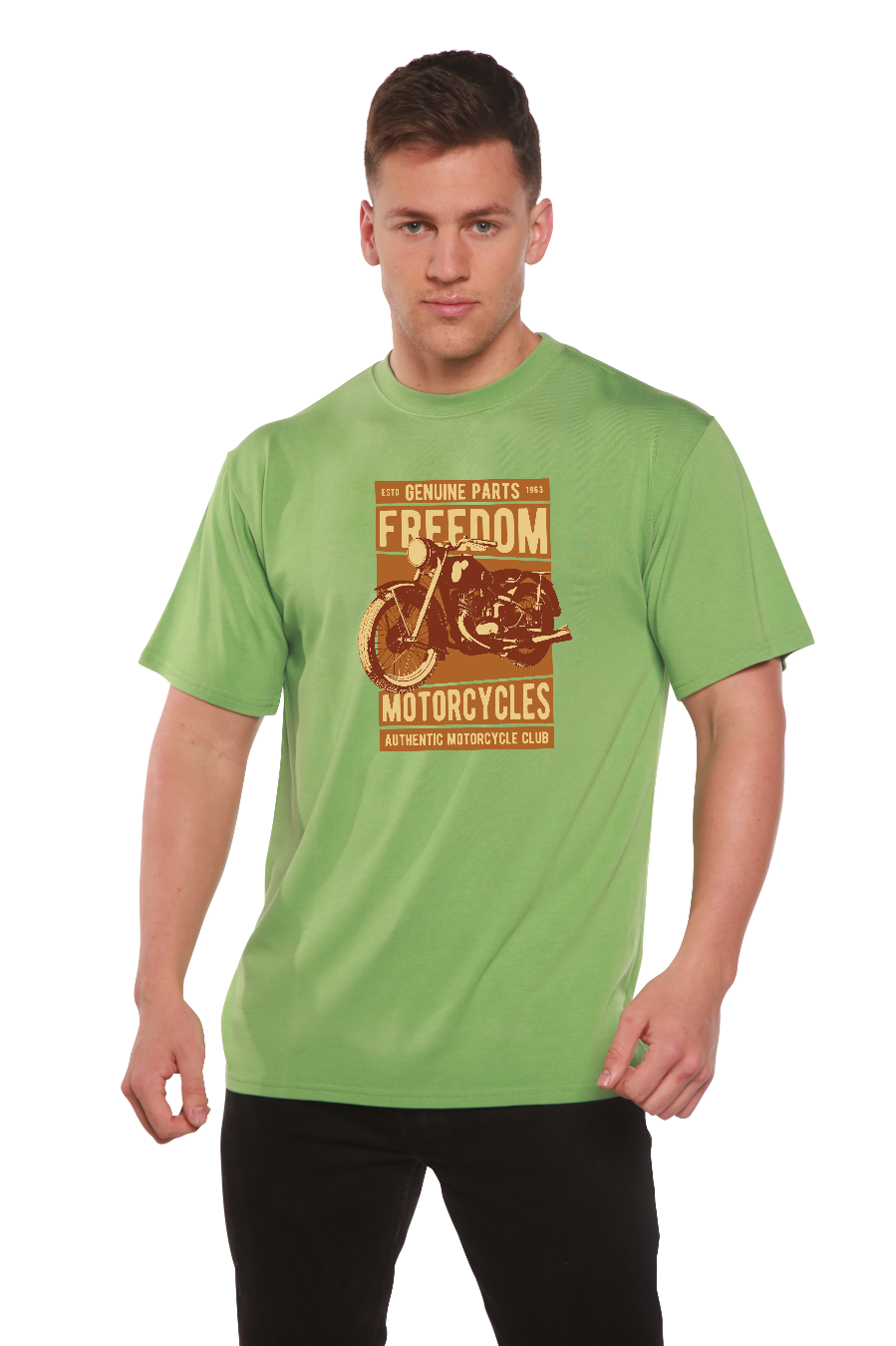 Spun Bamboo Freedom Motorcycles Men's Bamboo Viscose/Organic Cotton Short Sleeve Graphic T-Shirt — in-use photo