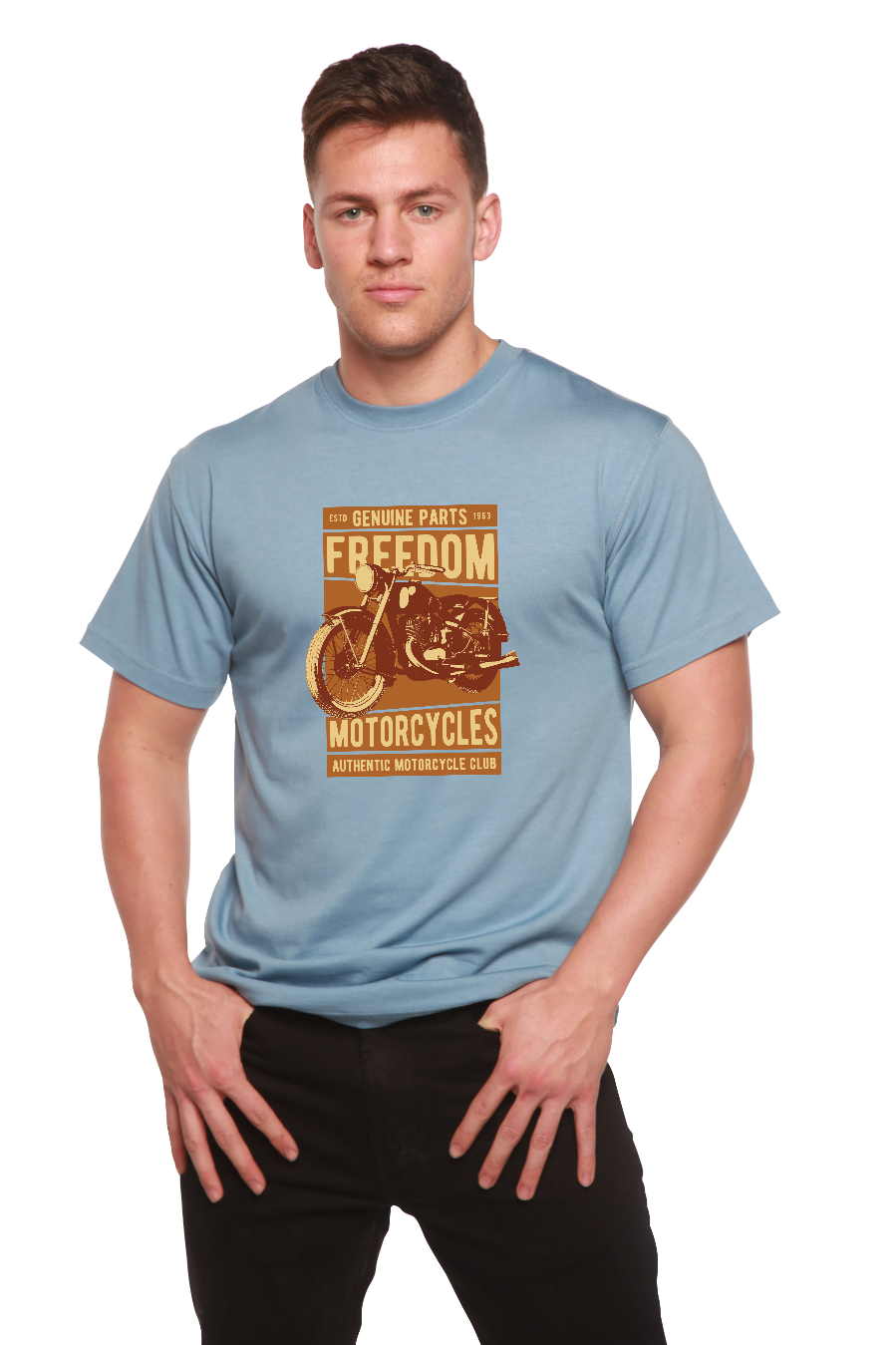 Spun Bamboo Freedom Motorcycles Men's Bamboo Viscose/Organic Cotton Short Sleeve Graphic T-Shirt — flat-lay composition