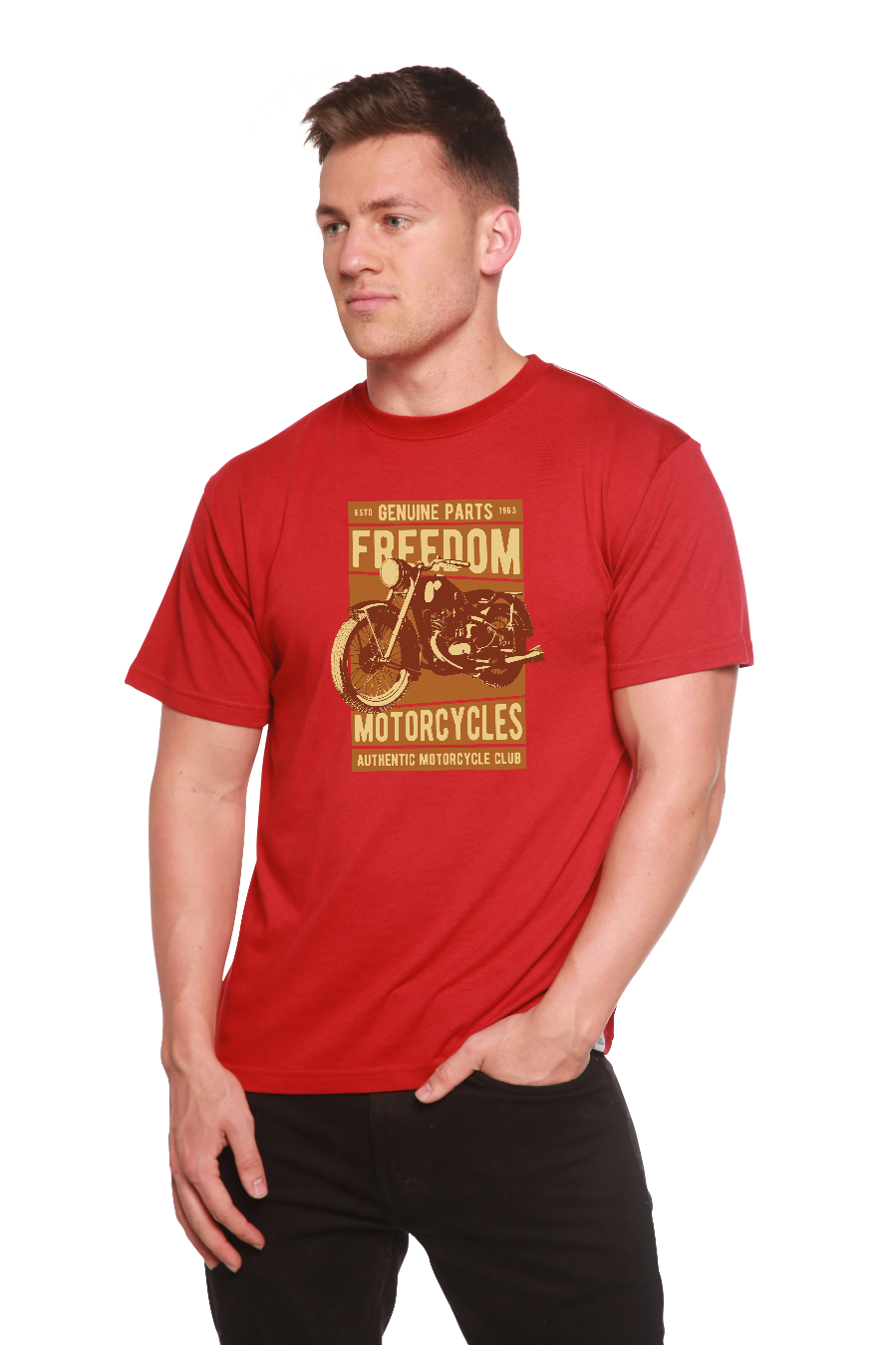 Spun Bamboo Freedom Motorcycles Men's Bamboo Viscose/Organic Cotton Short Sleeve Graphic T-Shirt — product on model