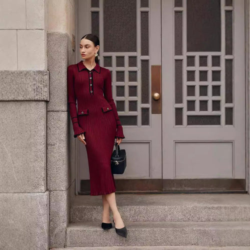 French Luxury Ruffle Trim Knit Dress | Collared Midi Sweater Dress(MS199)
