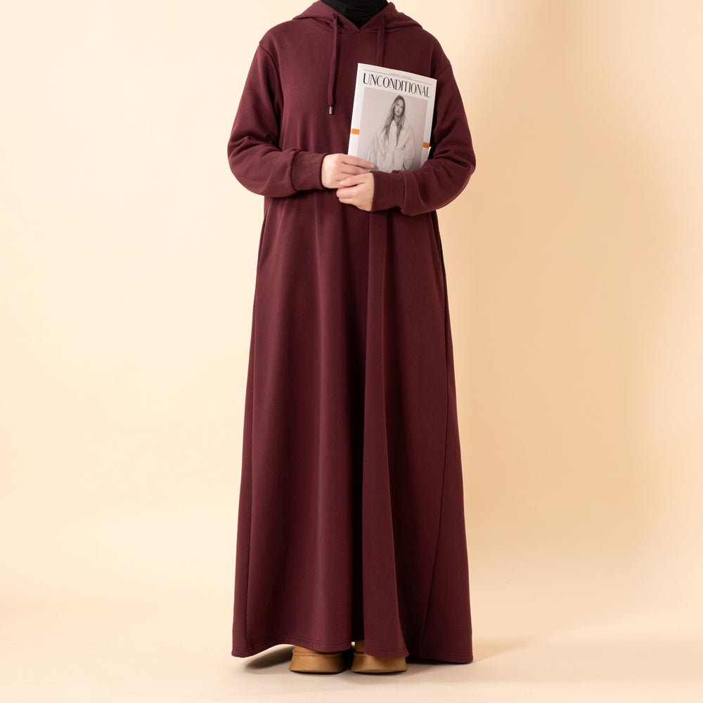 Mariam's Collection French Terry Hoodie Abaya With Pockets  (MA340) — Mariam's Collection branding close-up
