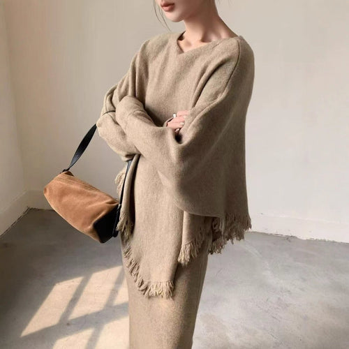 Fringed Knit Set With Batwing Sleeve Sweater And Midi Skirt (MS172)