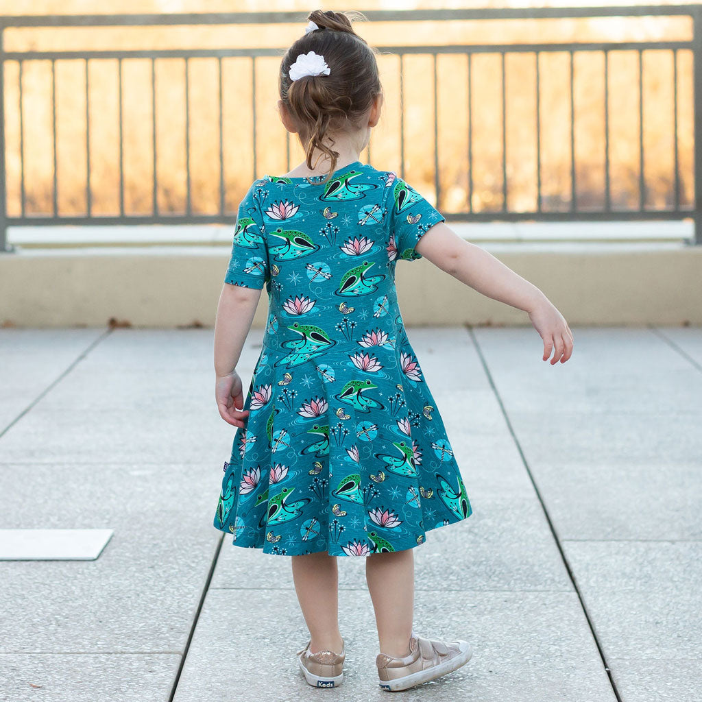Princess Awesome & Boy Wonder Frogs Super Twirler Dress with Pockets — lifestyle worn / used context