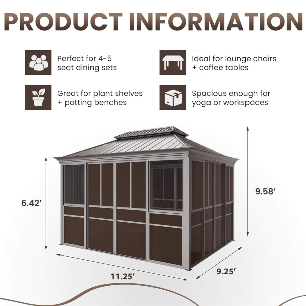 Alora Terrace Fully-Enclosed Outdoor Black Sunroom With Lockable Sliding Doors And Galvanized Double Steel Roof (SAK81634) – 