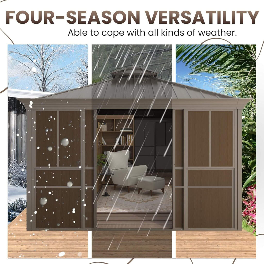 Alora Terrace Fully-Enclosed Outdoor Black Sunroom With Lockable Sliding Doors And Galvanized Double Steel Roof (SAK81634) – 