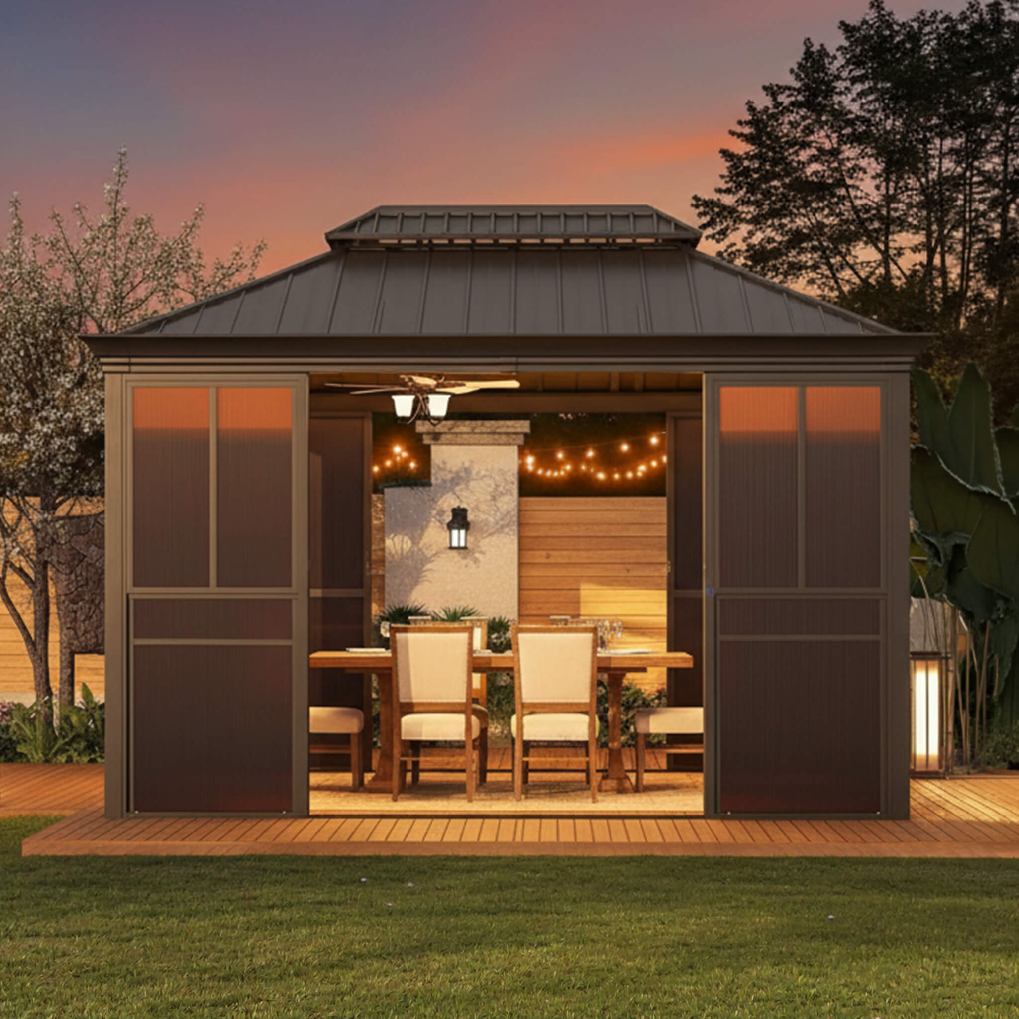Alora Terrace Fully-Enclosed Outdoor Black Sunroom With Lockable Sliding Doors And Galvanized Double Steel Roof (SAK81634) – 