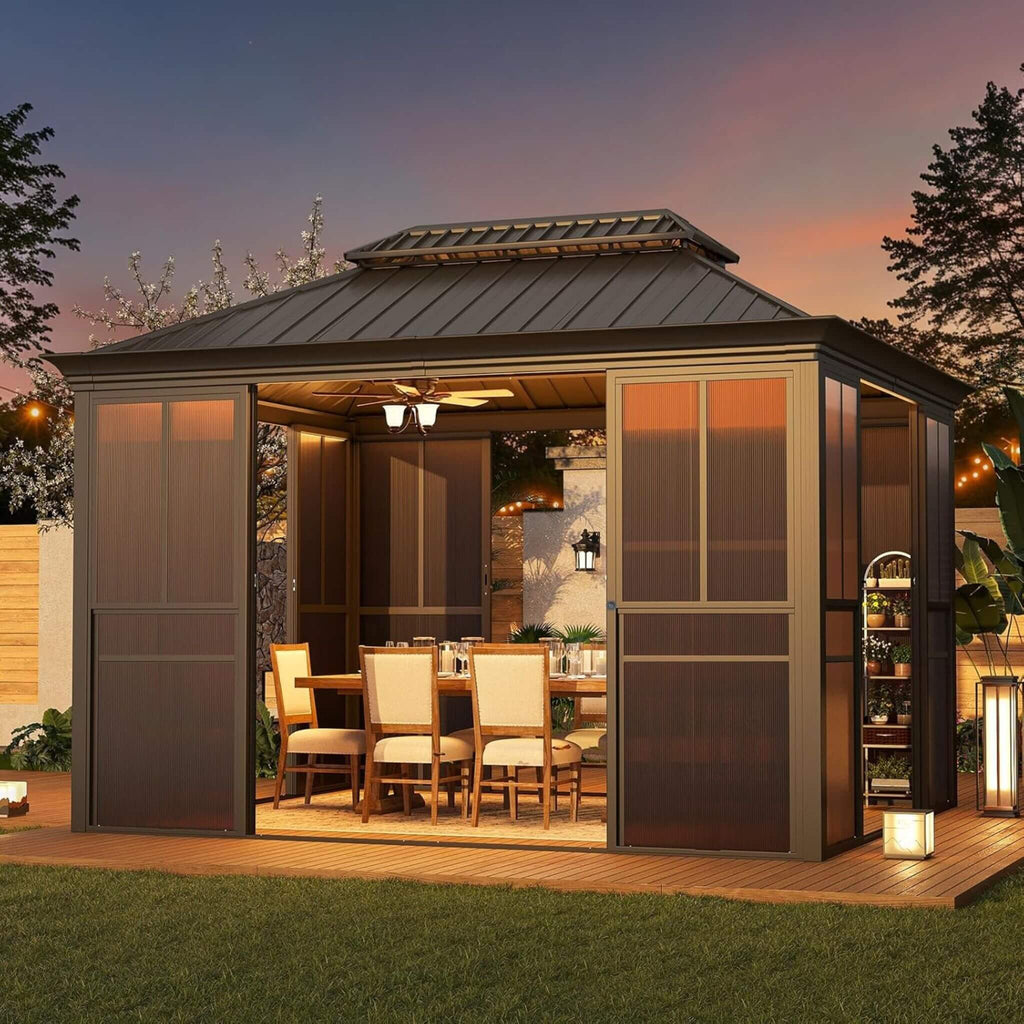 Alora Terrace Fully-Enclosed Outdoor Black Sunroom With Lockable Sliding Doors And Galvanized Double Steel Roof (SAK81634) – 