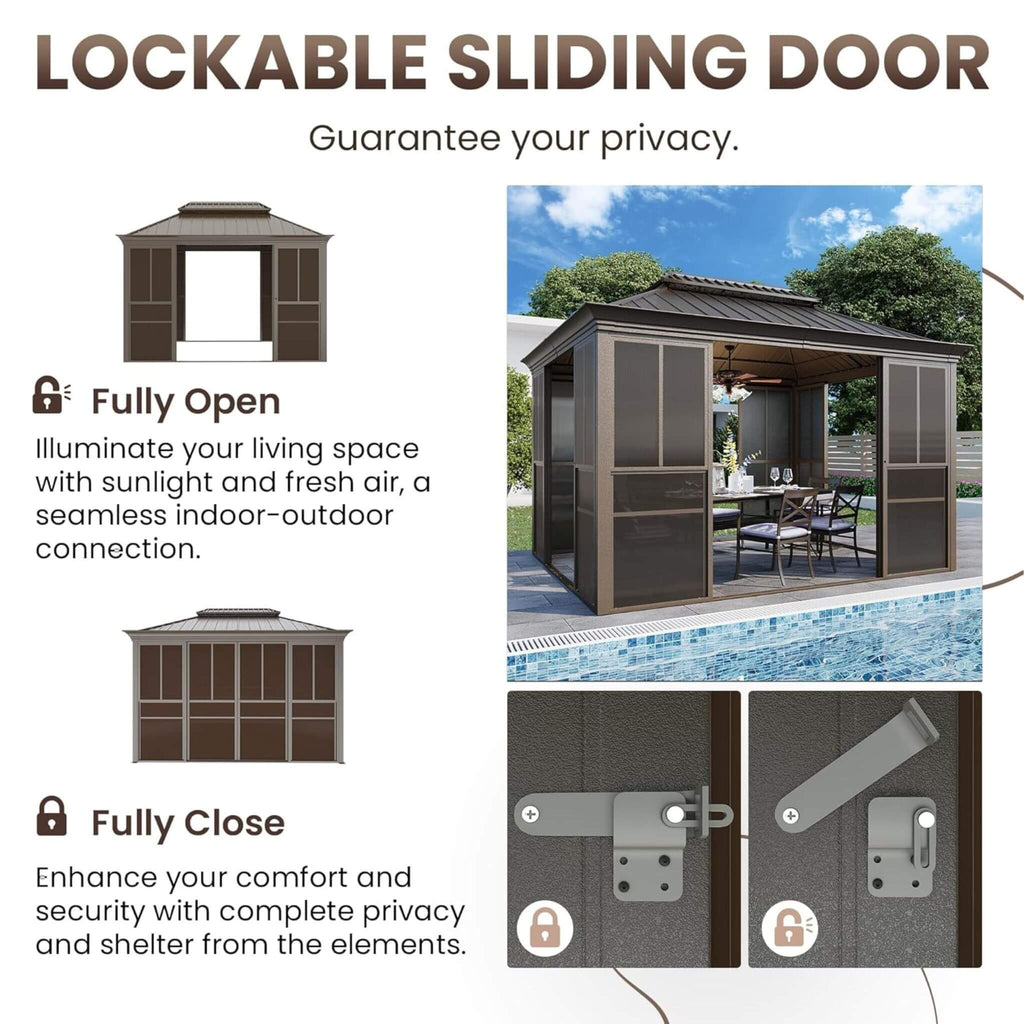 Alora Terrace Fully-Enclosed Outdoor Black Sunroom With Lockable Sliding Doors And Galvanized Double Steel Roof (SAK81634) – 