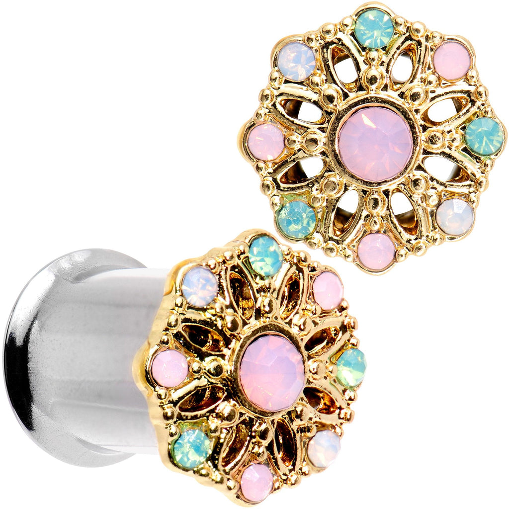 BodyCandy Pink Green White Gem Glam Flower Double Flare Tunnel Plug Set — main product shot