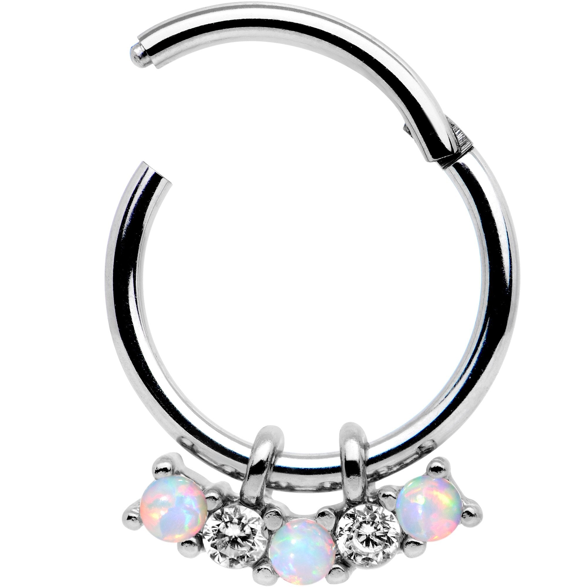 BodyCandy 16G 3/8 White Synthetic Opal Dazzle Hinged Segment Ring — detail and construction