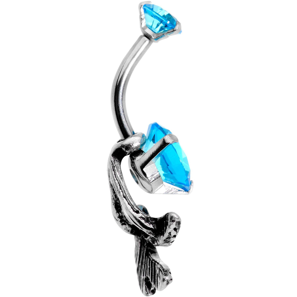 BodyCandy Blue CZ Gem Feather Trio Dangle Belly Ring — detail and construction