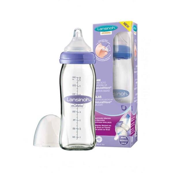 Lansinoh Baby Bottle with Natural Wave Nipple - 240ml, Medium Flow, Easy Transition for Breastfeeding Support